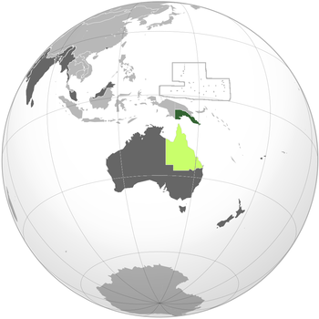بالأخضر: إقليم پاپوا الأخضر الفاتح: كوينزلاند (بعد ضم پاپوا عام 1883) الأخضر الداكن: حيازات بريطانية أخرى