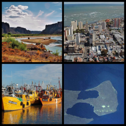 Clockwise from top: Valley of the Chubut River, Comodoro Rivadavia, Valdés Peninsula, Rawson Port.