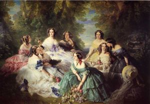 The Empress Eugénie Surrounded by her Ladies in Waiting (1855), Château de Compiègne. Taking its inspiration from 18th-century bucolic scenes, this monumental composition sets the empress and her entourage against the backdrop of a shady clearing in a forest. However, the composition is very artificial and formal. The empress, slightly to the left of center, is encircled by and dominates the group.