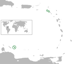 موقع هولندا الكاريبي (أخضر وعليه دوائر). من اليسار إلى اليمين: بونير، سابا، وسنت أوستاتيوس