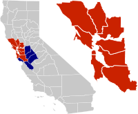 Location of the Bay Area within California.      The nine-county Bay Area.      Additional counties in the larger fourteen-county combined statistical area.