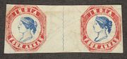 Two four anna stamps issued in 1854. Stamps were issued for the first time for all of British India in 1854. The lowest denomination was ½ anna blue, followed by 1 anna red, and 4 annas blue and red. The stamps were printed from lithographic stones at the Surveyor-General's Office in Calcutta.